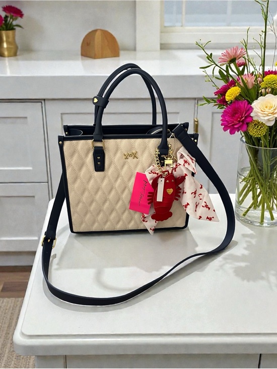 Betsey Johnson Handbags - Betsey Johnson Quilted Beige and Navy Blue Tote Bag with Lobster Scarf and Charm